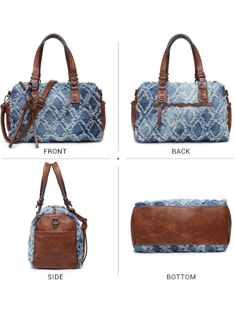 Women's Denim Blue Leather Zipper Top Handle Totes Satchel Hobo Handbags - Picture 3 of 6